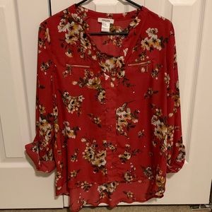 Red Floral Button Sleeve V-neck Top